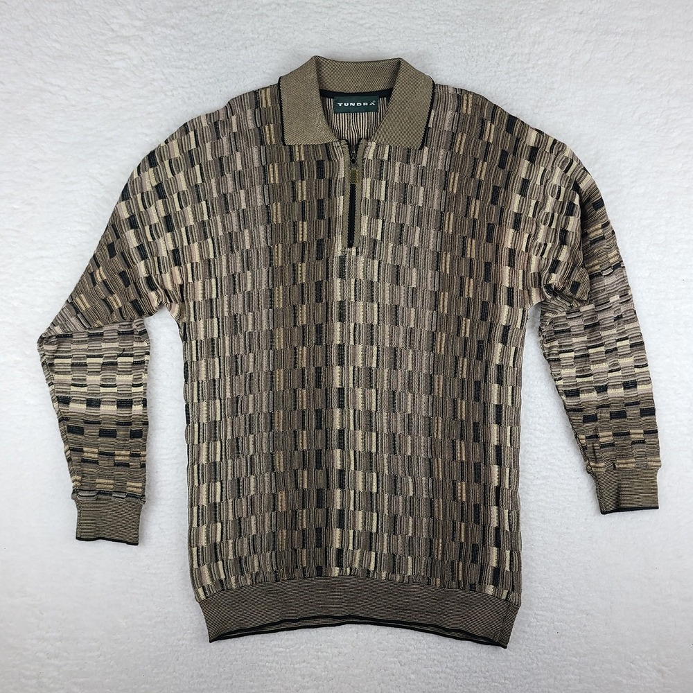 TUNDRA Sweater Mens Large Brown Geometric Quarter‎ Zip Sweatshirt MADE IN CANADA